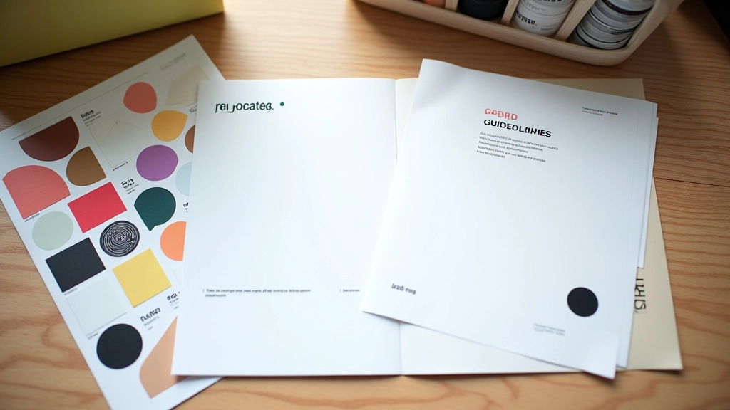 Kleurenpalet en merkrichtlijnen uitgespreid op een werkbureau met design samples en typografie voorbeelden