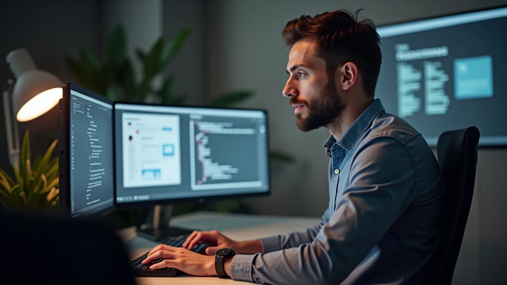 Designer aan het werk op moderne bureau met twee monitoren, een ervan toont mobiele designs, natuurlijke verlichting