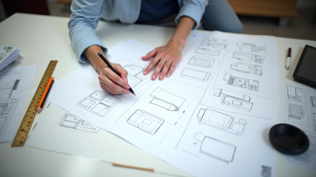 Wireframe sketch op papier toont mobile-first ontwerp approach met gestapelde kolommen en eenvoudige navigatie