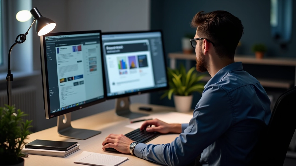 Designer werkend aan laptop met UI-elementen op het scherm, moderne werkplek met ontwerp tools