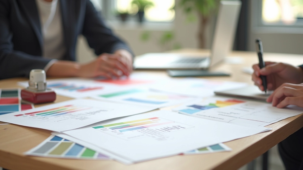 Designersworkspace met kleurstalen en merkrichtlijnen documenten op een bureau