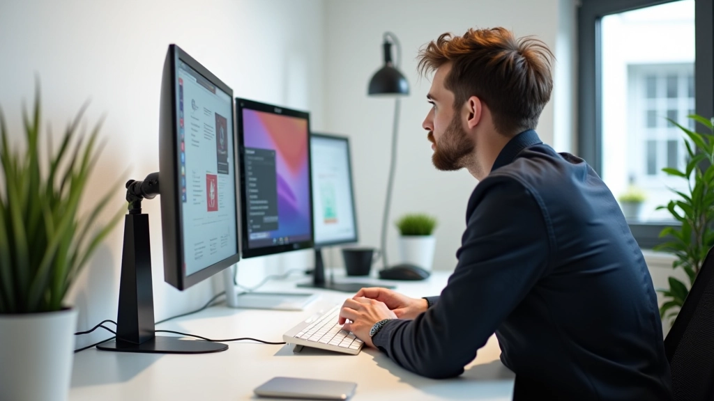 Modern webdesign kantoor met designer aan het werk op responsieve website, heldere werkplek met dubbele monitors