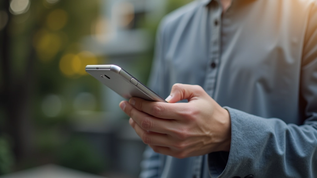 Persoon die een mobiele telefoon vasthoudt terwijl ze een website bekijkt, outdoor setting met natuurlijk licht