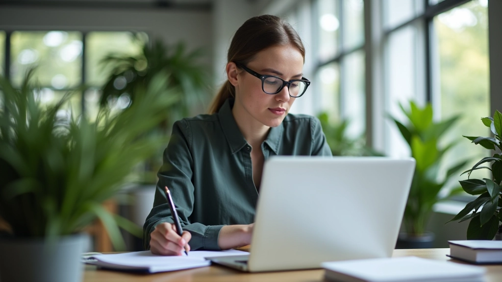 Designer bezig met website optimalisatie op laptop, moderne werkplek met notities en schermen